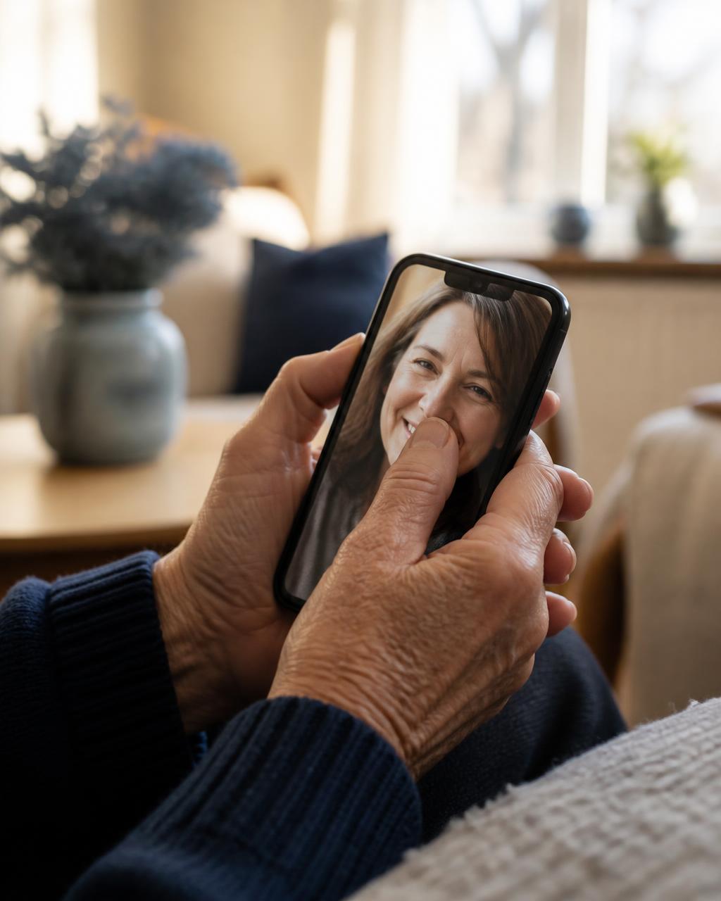 Close-up of older hands pressing a whole thumb against a large face photo on a phone screen