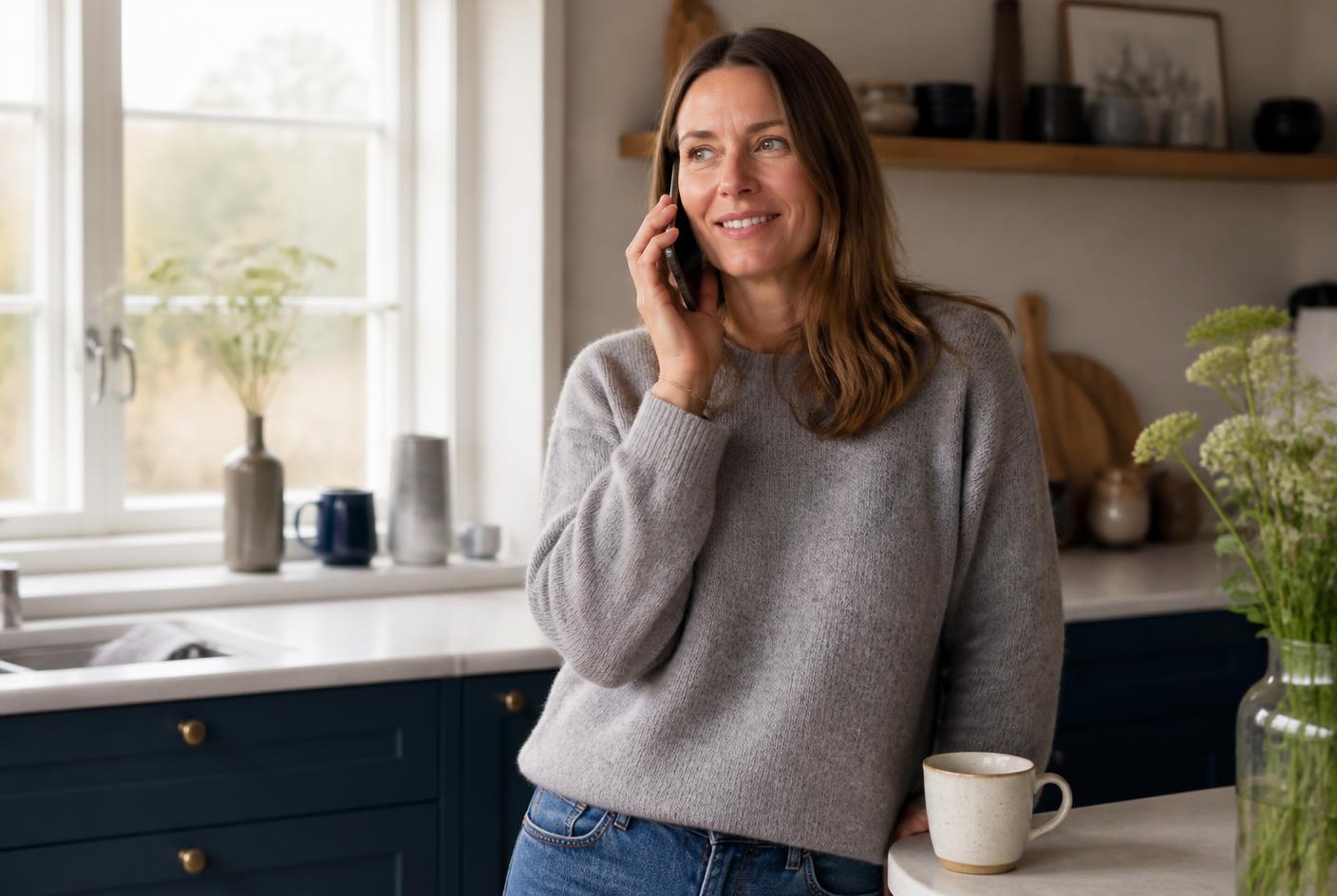 Adult daughter in a bright kitchen calling her parent
