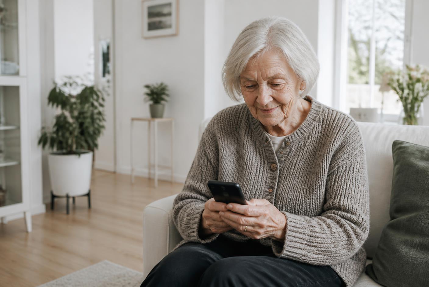 Older woman on a sofa holding a phone showing a grid of family face photos