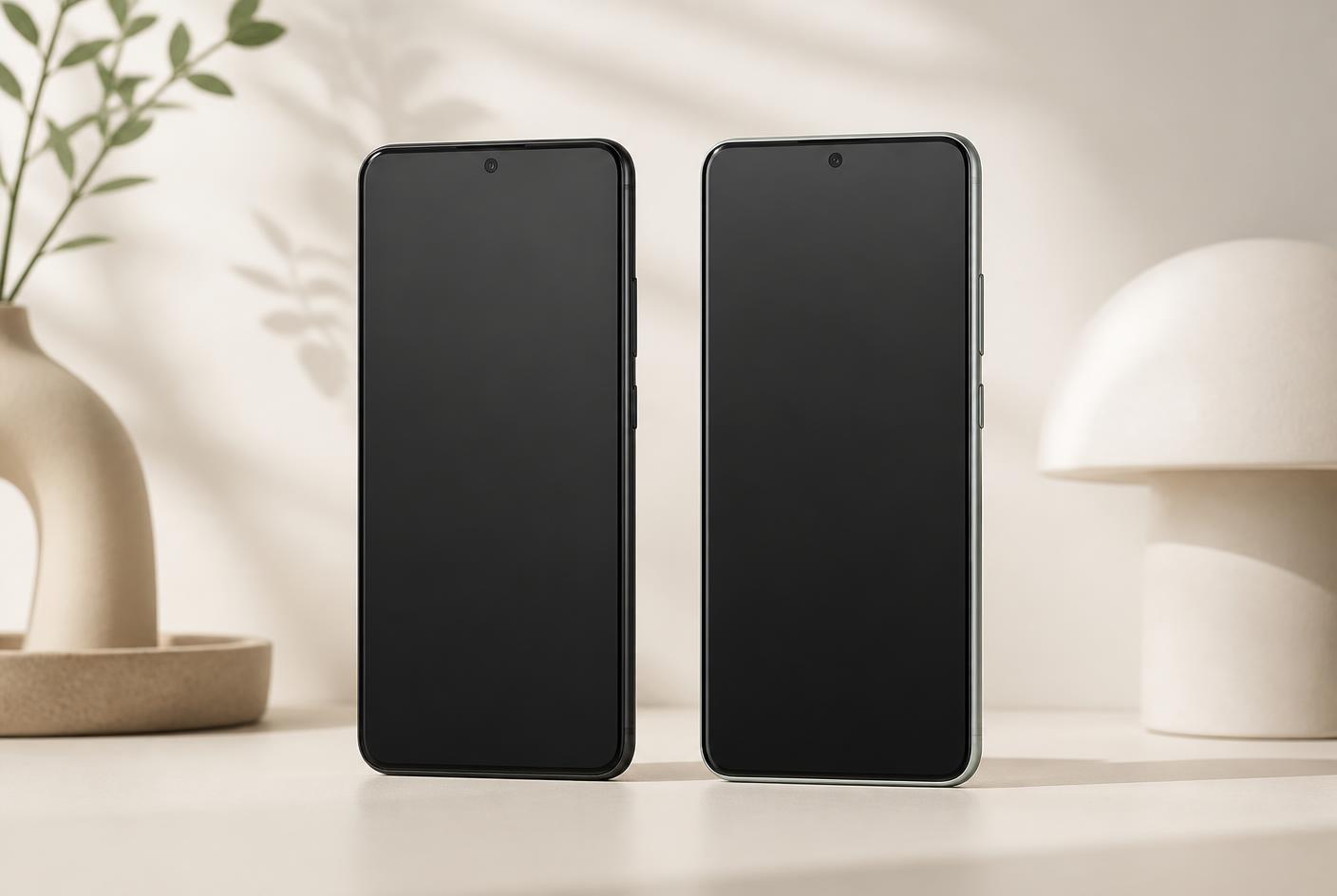Two Android phones standing side by side on a light table
